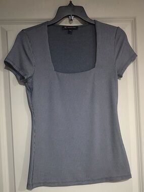 INC International Concepts Navy & White Square-Neck Ribbed Short Sleeve Tee